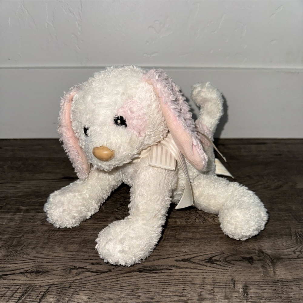First & Main Precious Pups 9" Pink White Puppy Dog Stuffed Plush Bow lovey toy
